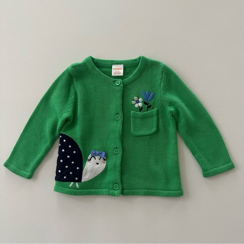 Gymboree 6-12 Months Baby Girl Green Cardigan Sweater Turtle Flower Pocket